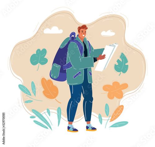 Illustration of tourist man with map in her hands.