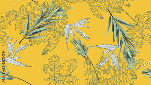Foliage seamless pattern, bottle brush leaves and line art ink drawing leaves...
