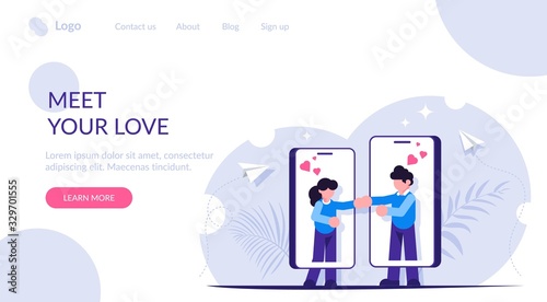 Website or dating app concept. Meet your love. People find and communicate with each other through phones. Modern metaphor. Landing web page template.