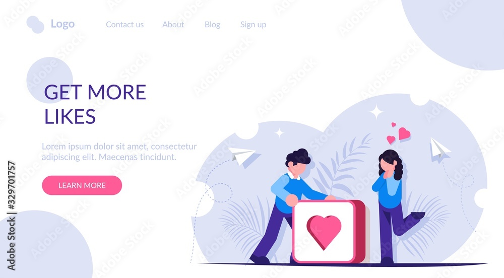 Get more likes concept. Social media illustration. Man pushes big button with heart. Girl rejoices from the received attention from the man. Landing web page template.