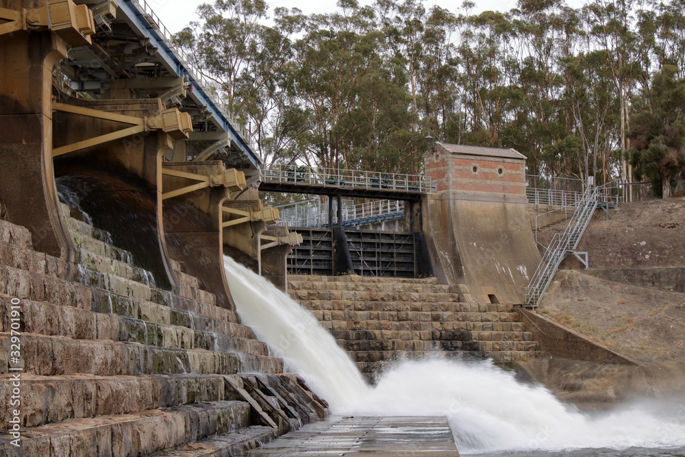 Goulburn Weir, Victoria Australia, originally made from granite stone blocks and concrete. part of Goulburn Murray water Infrastructure