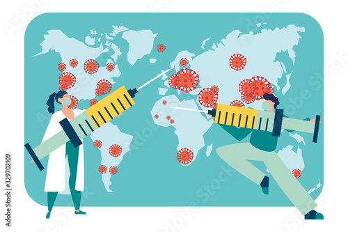 Covid-19, Covid 19 map confirmed cases report worldwide globally. SARS pandemic risk alert. Coronavirus. Doctors with wearing face mask fight virus concept. Big syringe. Flat vector illustration.