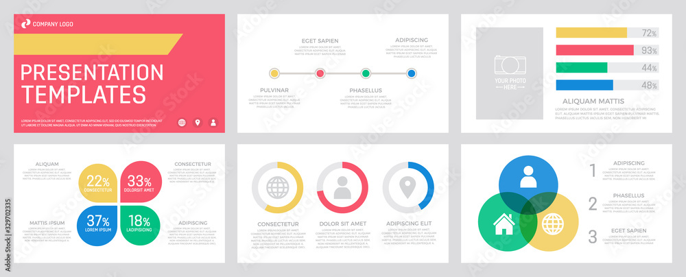 Set of yellow, red, turquoise and blue elements for multipurpose presentation template slides with graphs and charts. Set of yellow, red, turquoise and blue elements for multipurpose presentation template slides with graphs and charts.