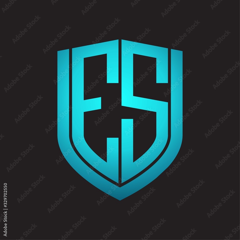 ES Logo monogram with emblem shield design isolated with blue colors on black background ES Logo monogram with emblem shield design isolated with blue colors on black background