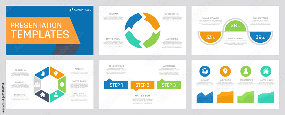 Set of blue, orange, green and turquoise elements for multipurpose presentation template slides with graphs and charts.