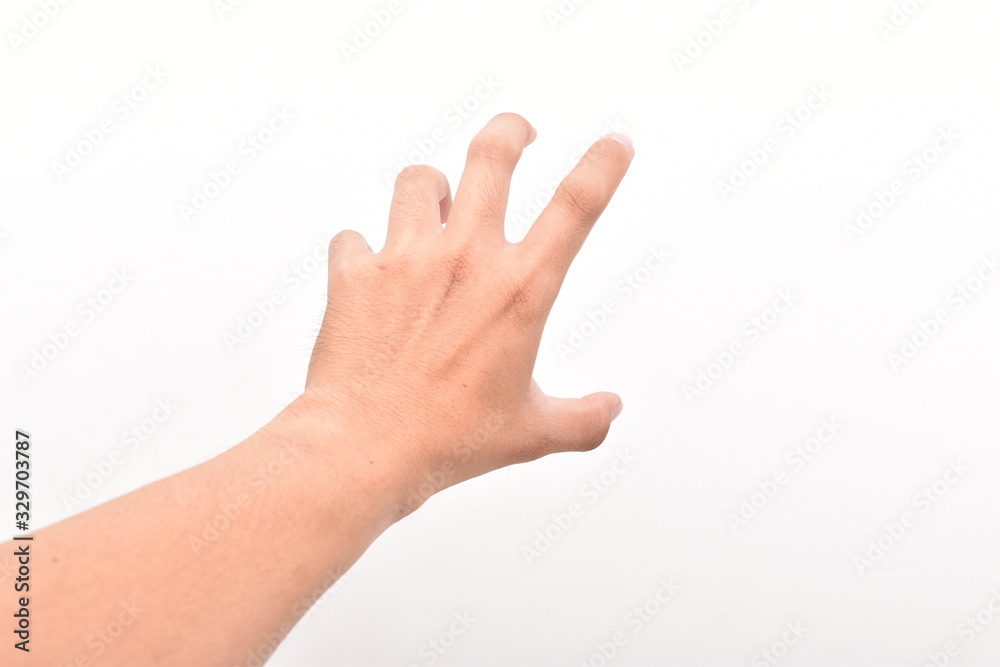 Man's hand to something isolated on white background.