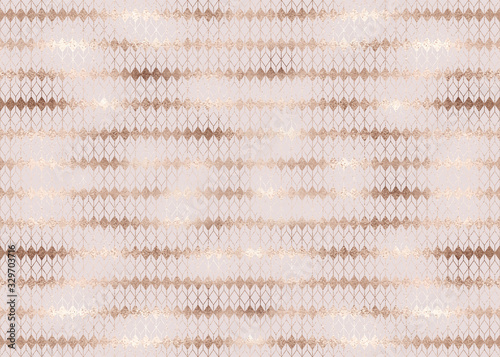 Geometric seamless pattern with rose gold rhombus tiles and golden glitter texture. 