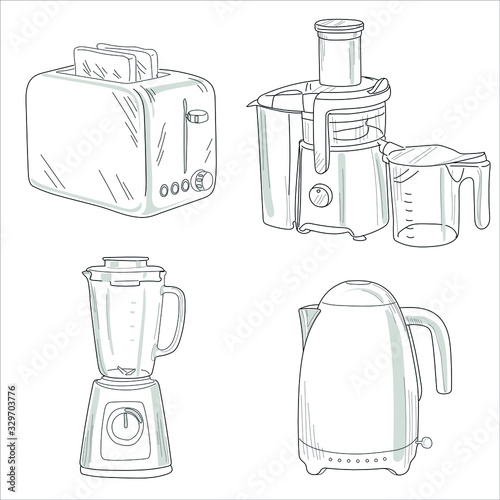 Household appliances isolate on white background. Blender, juicer, kettle, toaster.