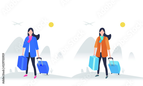 Woman traveling design, with traveling case. Flat Vector illustration.