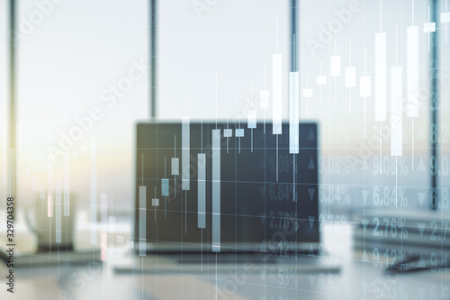 Multi exposure of abstract creative financial chart on computer background, research and analytics concept
