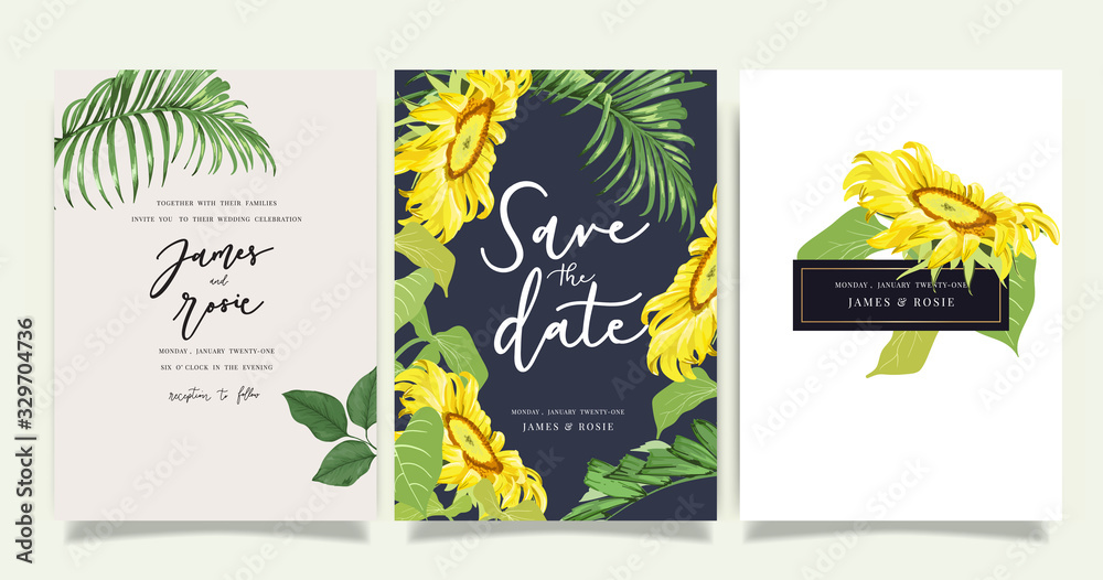 Tropical Emerald green Luxury Wedding Invitation, floral invite thank you, rsvp modern card Design in summer pink leaf and greenery branches decorative Vector elegant rustic template