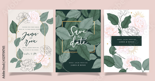 Tropical Emerald green Luxury Wedding Invitation, floral invite thank you, rsvp modern card Design in summer pink leaf and greenery branches decorative Vector elegant rustic template