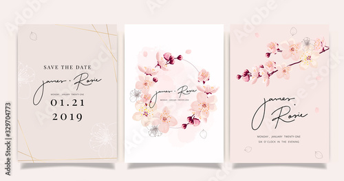 sherry blossom Summer Flower Wedding Invitation set, floral invite thank you, rsvp modern card Design in pink leaf greenery  branches with blue background decorative Vector elegant rustic template