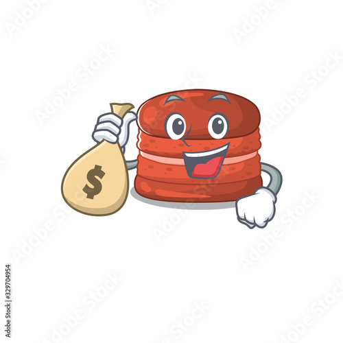 Smiley rich cherry macaron cartoon character bring money bags
