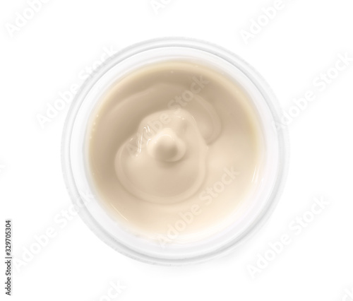 Plastic cup with tasty yogurt on white background