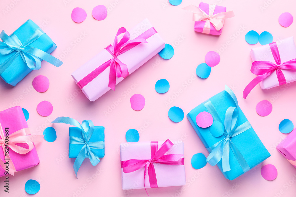 Many Birthday gifts on color background Many Birthday gifts on color background