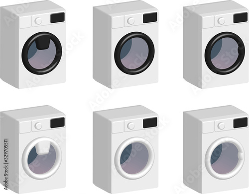 set of white household washing machines in realistic 3D style isolated on transparent background, various controls