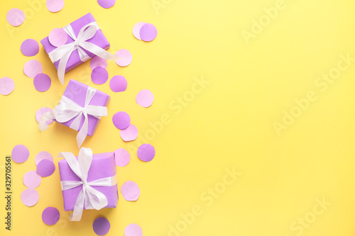 Packed Birthday gifts on color background