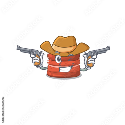 Funny cherry macaron as a cowboy cartoon character holding guns