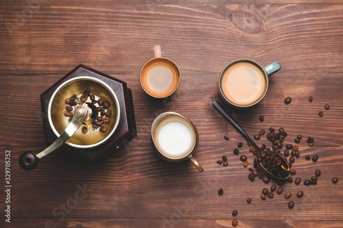 Composition with hot coffee on wooden background