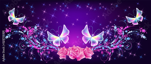 Flying fantasy butterflies with roses and sparkle stars