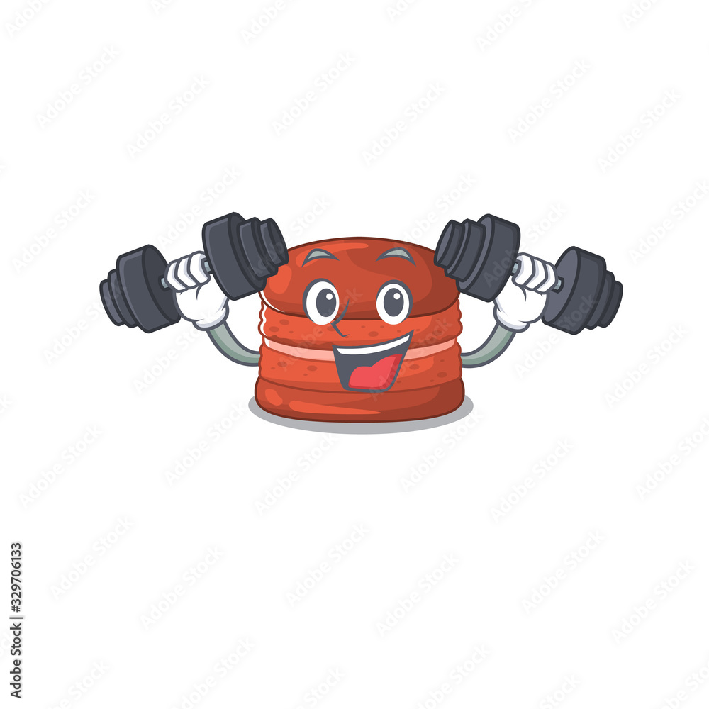 Smiley Fitness exercise cherry macaron cartoon character raising barbells
