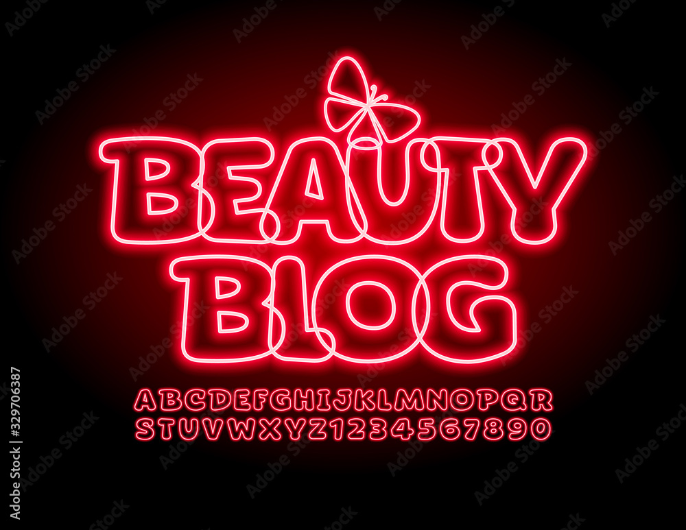 Vector neon banner Beauty Blog with decorative Butterfly. Red Neon Font. Glowing Alphabet Letters and Numbers
