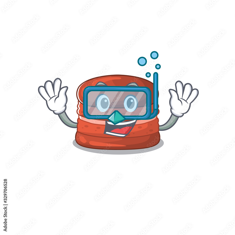 A cartoon picture featuring cherry macaron wearing Diving glasses