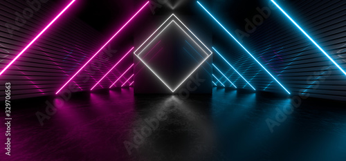 Dark hall with bright colored neon lights on a black background. 3d rendering image. © Andrey Shtepa
