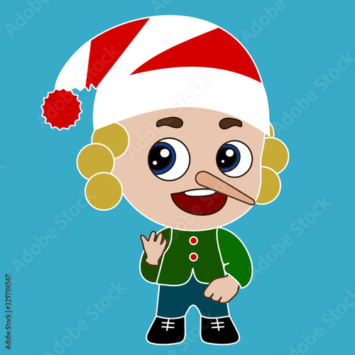 emoticon with grinning pinocchio with long nose and curly hair representing a liar or dishonest person, vector simplistic  emoji in color