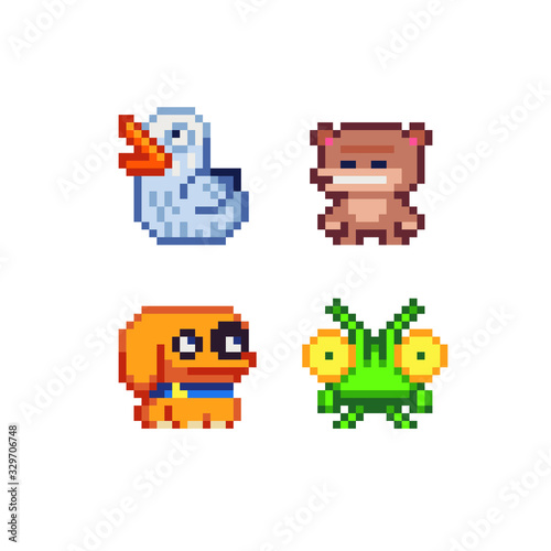 Cute animals pixel art icons set, mosaic design, duck, bear, frog, doggy, isolated vector flat style illustration. Design for stickers, logo, embroidery and mobile app. Video game assets 8-bit.