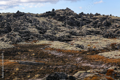 Lava rock formation with grass in Iceland. Background