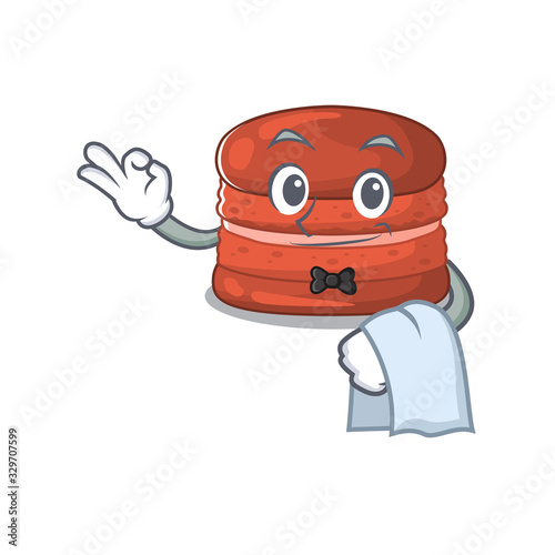 A design of cherry macaron cartoon character working as waiter