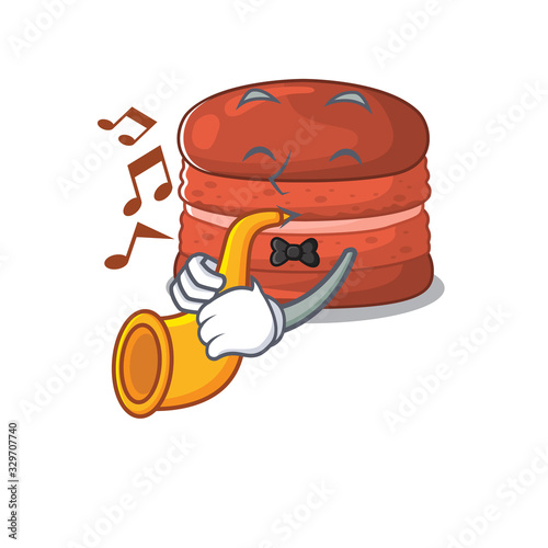 cherry macaron cartoon character design playing a trumpet