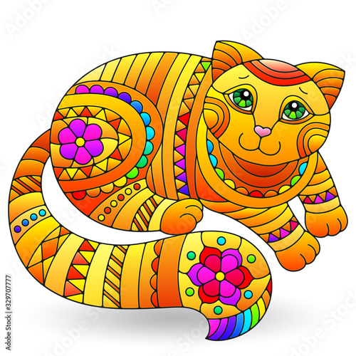 Illustration in stained glass style with an abstract red cat isolated on a white background
