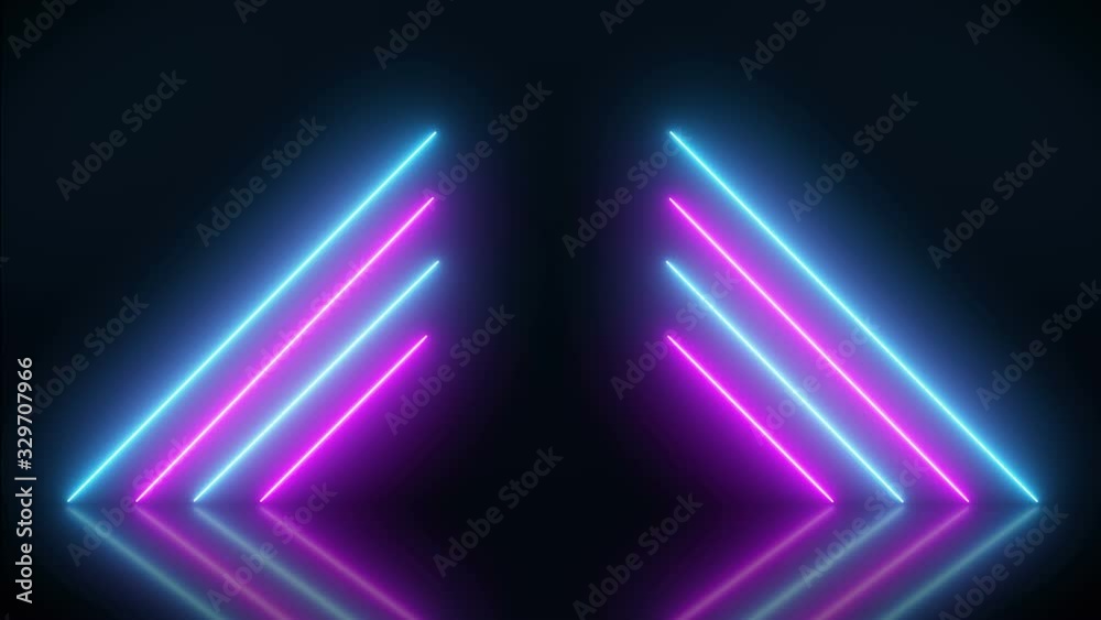 Video animation of glowing neon lines in blue and magenta on reflecting floor. - Abstract background - laser show - seamless loop