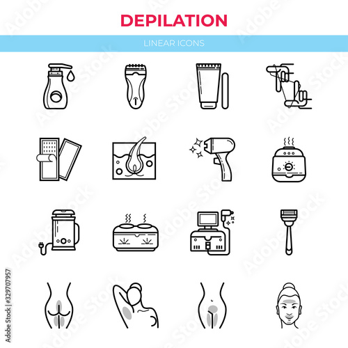 Hair depilation, laser hair removal. Linear icons