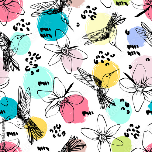 Vector seamless pattern with colibri.