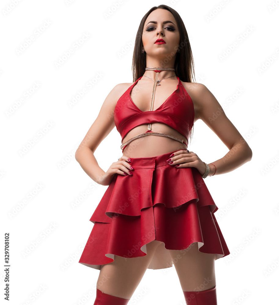 Sexy brunette in red leather top and mini skirt Stock-Foto | Adobe Stock