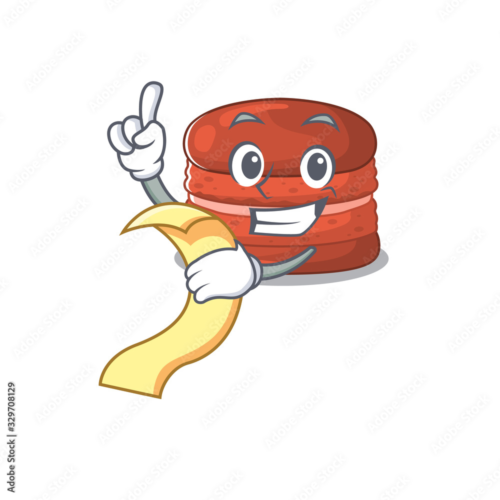 Fototapeta cartoon character of cherry macaron holding menu ready to serve
