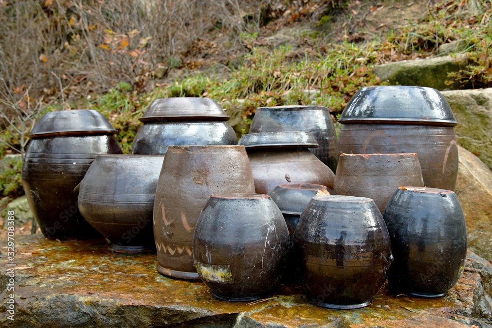 Korean traditional kimchi jars in outdoor
