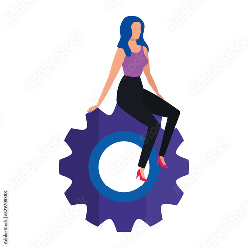 businesswoman sitting in gear pinion vector illustration design