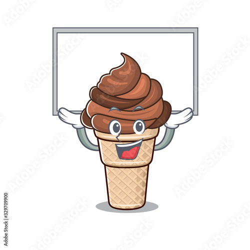 Happy cartoon character of chocolate ice cream raised up board
