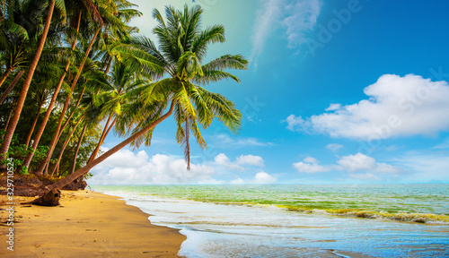 Panorama summer on the beach in Thailand.blue sky and white clouds. Freshness of the new day. Bright blue background. Relaxing feeling like being in the sky.Coconut trees on the beach.sand and sea.