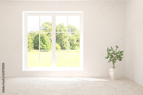 Stylish empty room in white color with summer landscape in window. Scandinavian interior design. 3D illustration