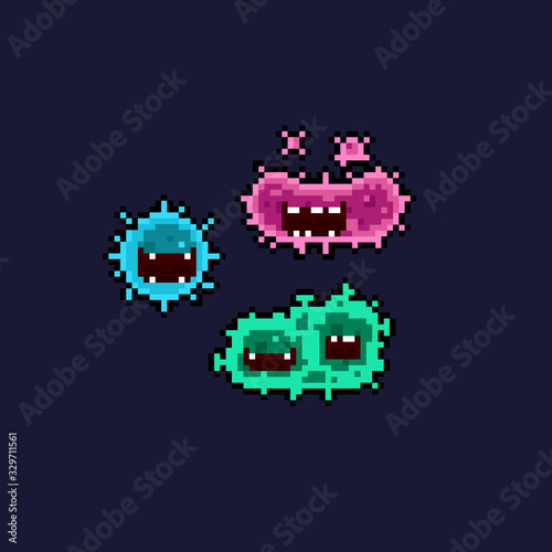 Pixel art cartoon virus character set.