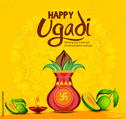 Happy Ugadi festival / gudi padwa , Vector Illustration based on Ugadi Font on colorful decorative festival frame best for banner, wallpaper , header and promotions - Vector