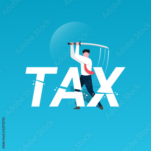 Tax cutting concept. Business man using sword to cut taxes. metaphor vector illustration template