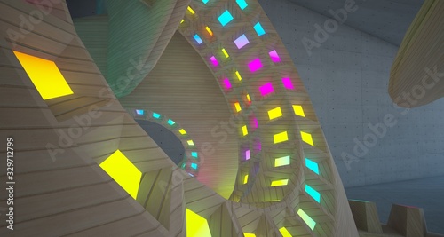 Abstract architectural background interior made of wood, concrete and glass. Colored gradient neon lighting. 3D illustration and rendering.