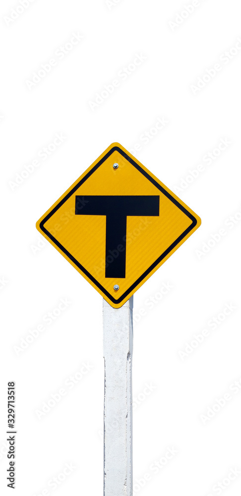 Road warning sign  -T- Intersection ahead on white background.